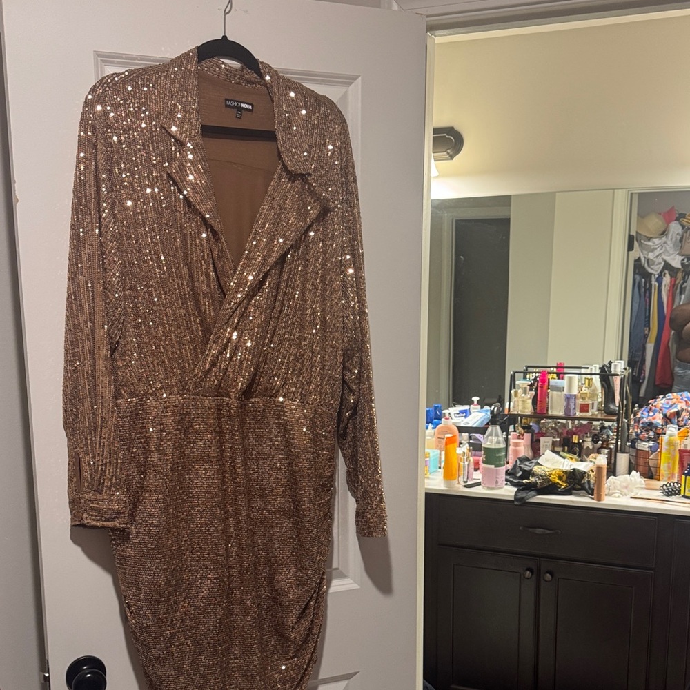 Fashion Nova Sequin Long Sleeve Dress - Bronze